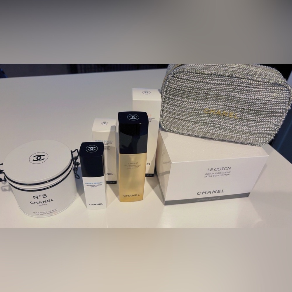 CHANEL White and Gold Skincare & Cosmetic Set with Silver Beaded Pouch